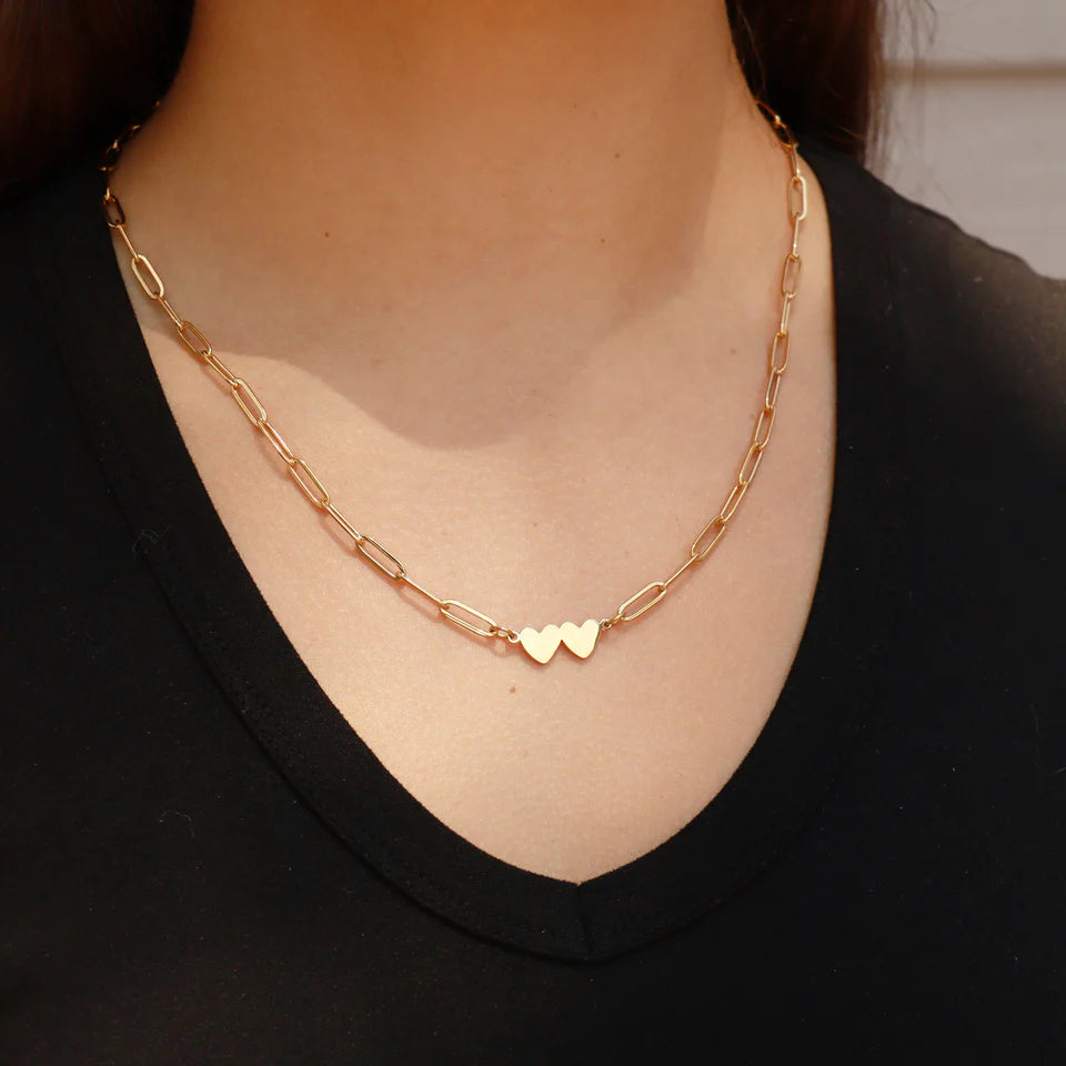 2 Heart Paperclip Necklace- 18K Gold PVD Stainless Steel