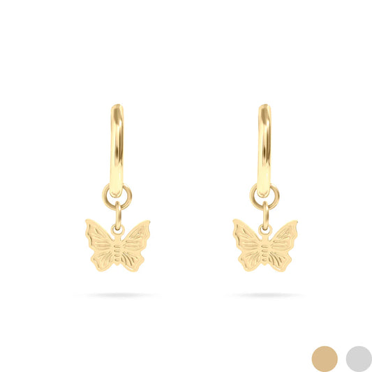 A pair of gold huggie hoop earrings with butterfly charms hanging from them.